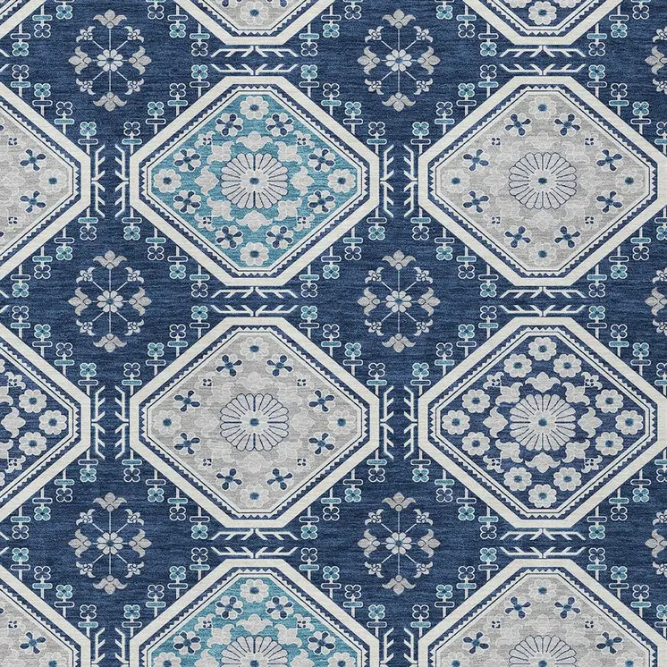 10' X 14' Navy Blue And Teal Blue Floral Washable Indoor Outdoor Area Rug