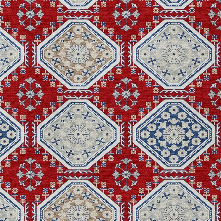 3' X 5' Red And Navy Blue Floral Washable Indoor Outdoor Area Rug