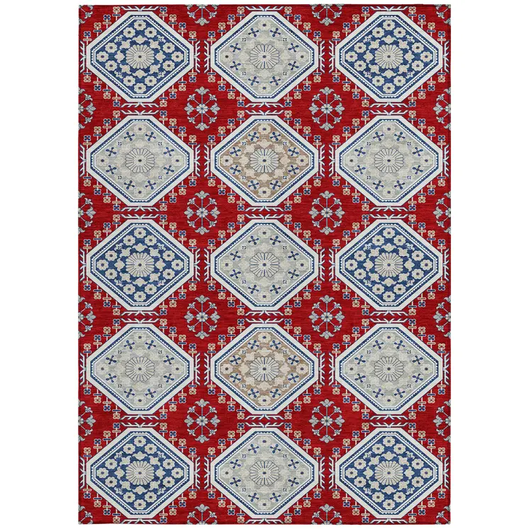 3' X 5' Red And Navy Blue Floral Washable Indoor Outdoor Area Rug