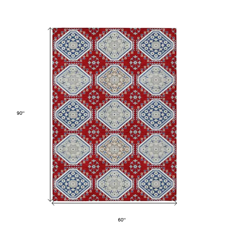 5' X 8' Red And Navy Blue Floral Washable Indoor Outdoor Area Rug