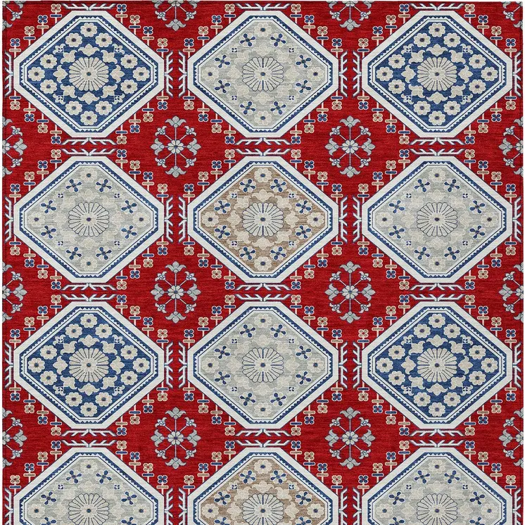 5' X 8' Red And Navy Blue Floral Washable Indoor Outdoor Area Rug