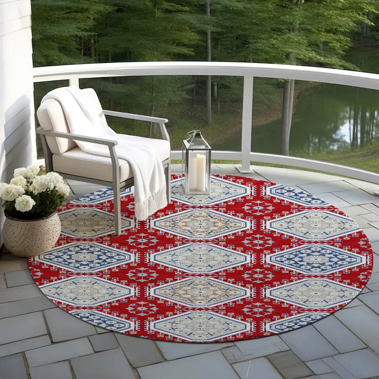 8' Red And Navy Blue Round Floral Washable Indoor Outdoor Area Rug