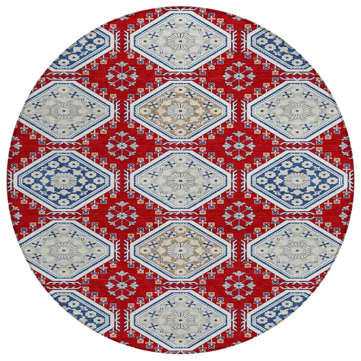 8' Red And Navy Blue Round Floral Washable Indoor Outdoor Area Rug