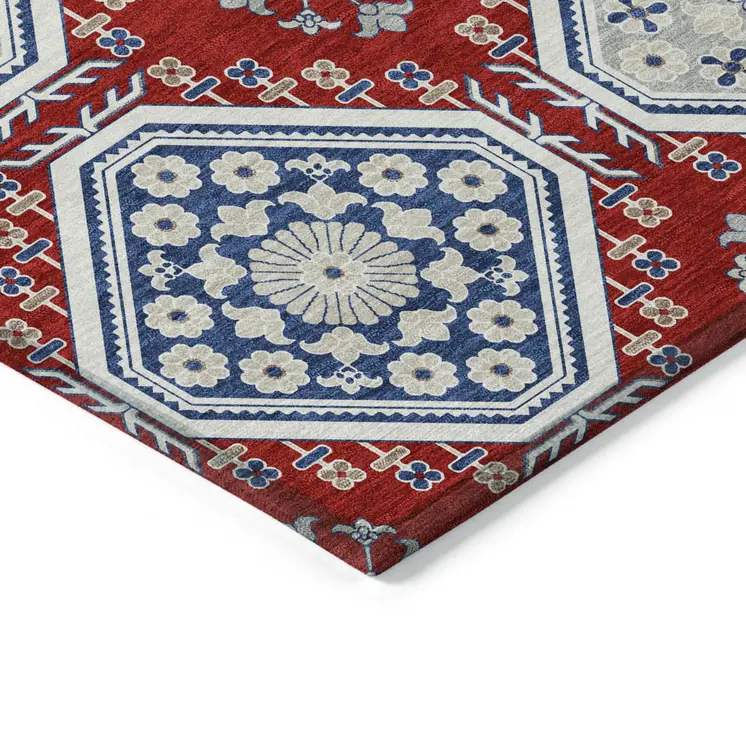 8' Red And Navy Blue Round Floral Washable Indoor Outdoor Area Rug