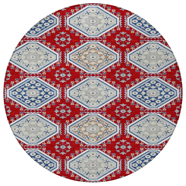 8' Red And Navy Blue Round Floral Washable Indoor Outdoor Area Rug