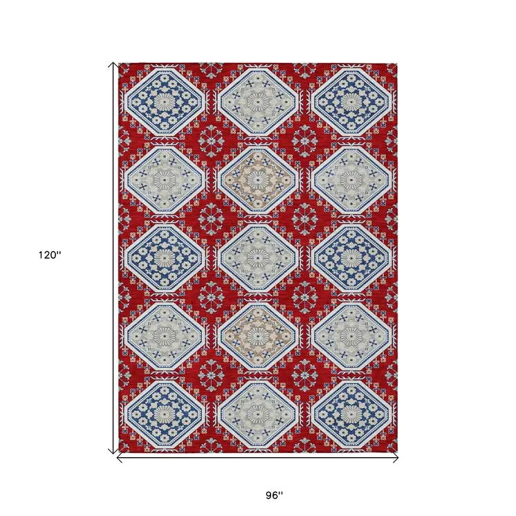 8' X 10' Red And Navy Blue Floral Washable Indoor Outdoor Area Rug