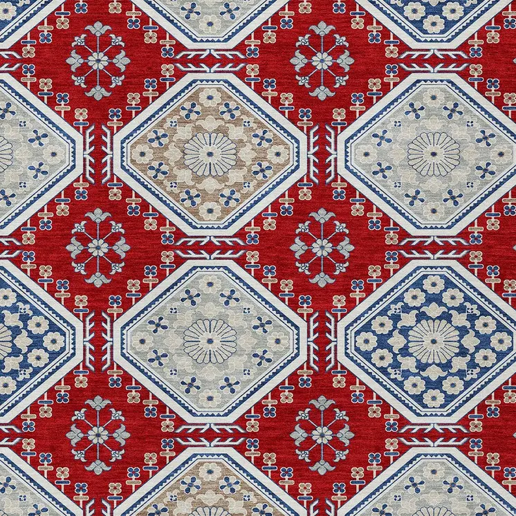 8' X 10' Red And Navy Blue Floral Washable Indoor Outdoor Area Rug