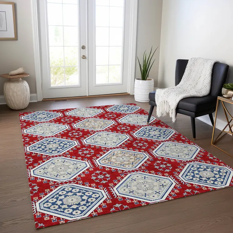 8' X 10' Red And Navy Blue Floral Washable Indoor Outdoor Area Rug