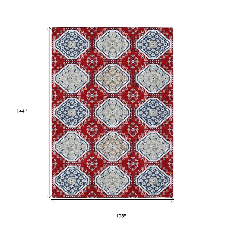 9' X 12' Red And Navy Blue Floral Washable Indoor Outdoor Area Rug