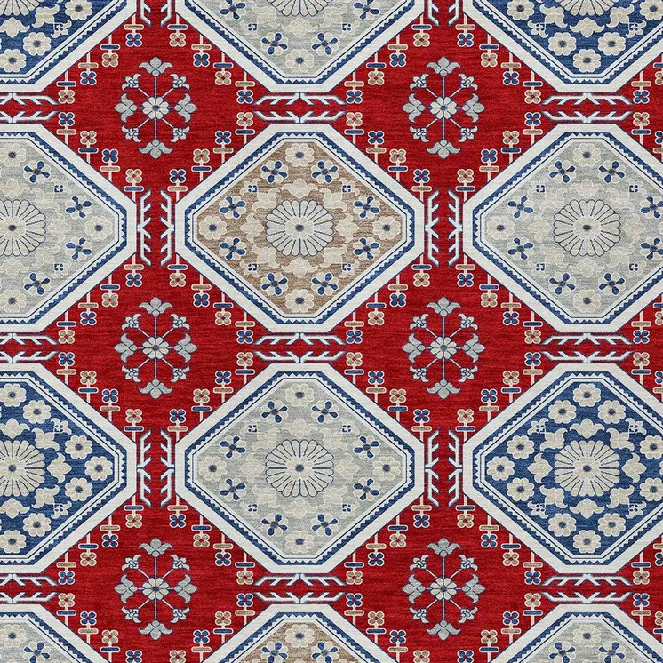 9' X 12' Red And Navy Blue Floral Washable Indoor Outdoor Area Rug