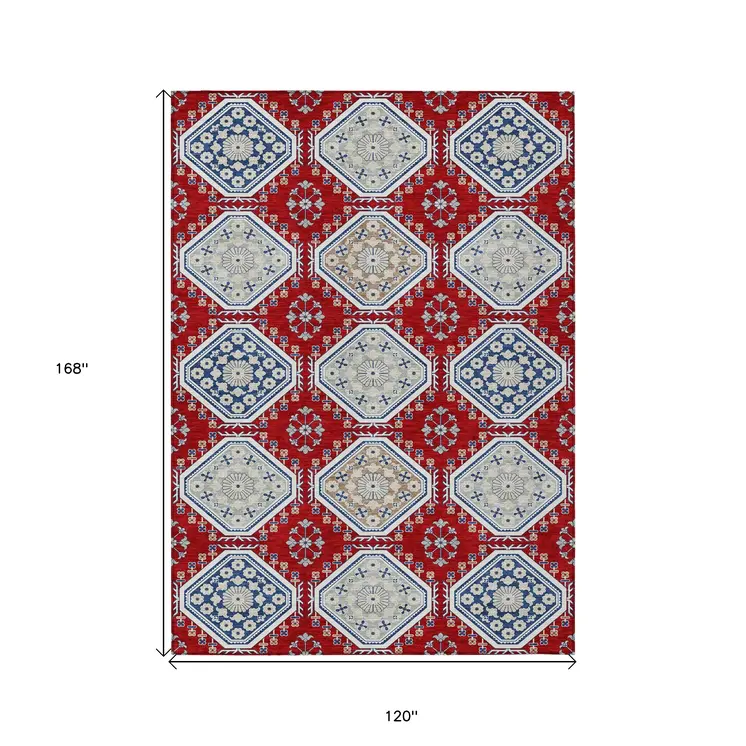 10' X 14' Red And Navy Blue Floral Washable Indoor Outdoor Area Rug