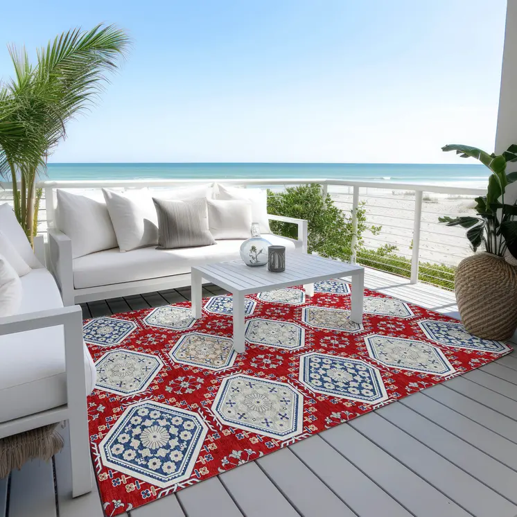 10' X 14' Red And Navy Blue Floral Washable Indoor Outdoor Area Rug
