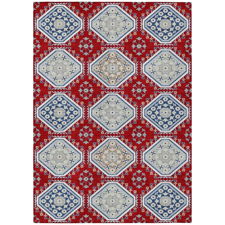 10' X 14' Red And Navy Blue Floral Washable Indoor Outdoor Area Rug