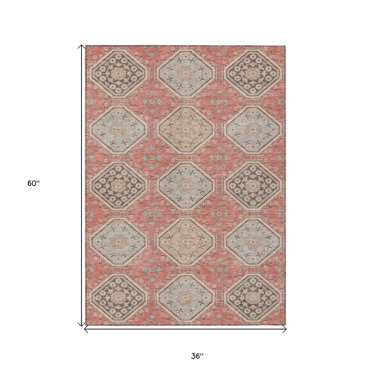 3' X 5' Salmon And Beige Floral Washable Indoor Outdoor Area Rug