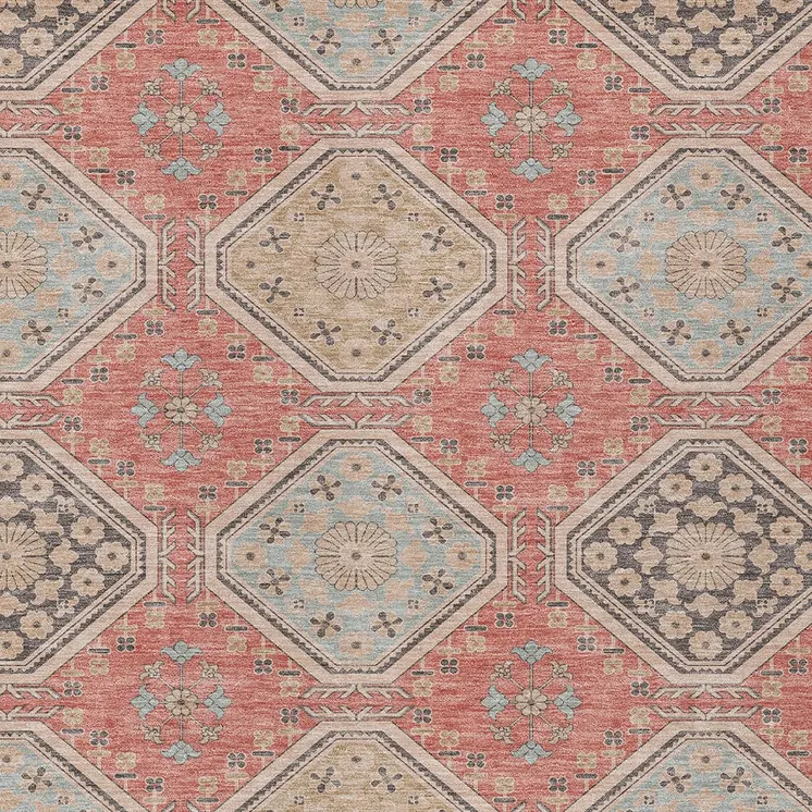 3' X 5' Salmon And Beige Floral Washable Indoor Outdoor Area Rug