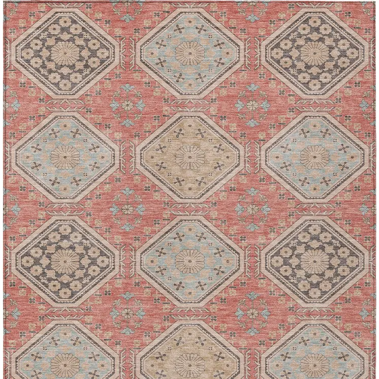 5' X 8' Salmon And Beige Floral Washable Indoor Outdoor Area Rug