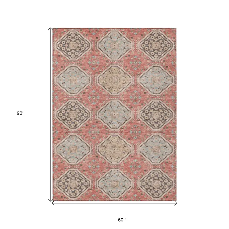 5' X 8' Salmon And Beige Floral Washable Indoor Outdoor Area Rug