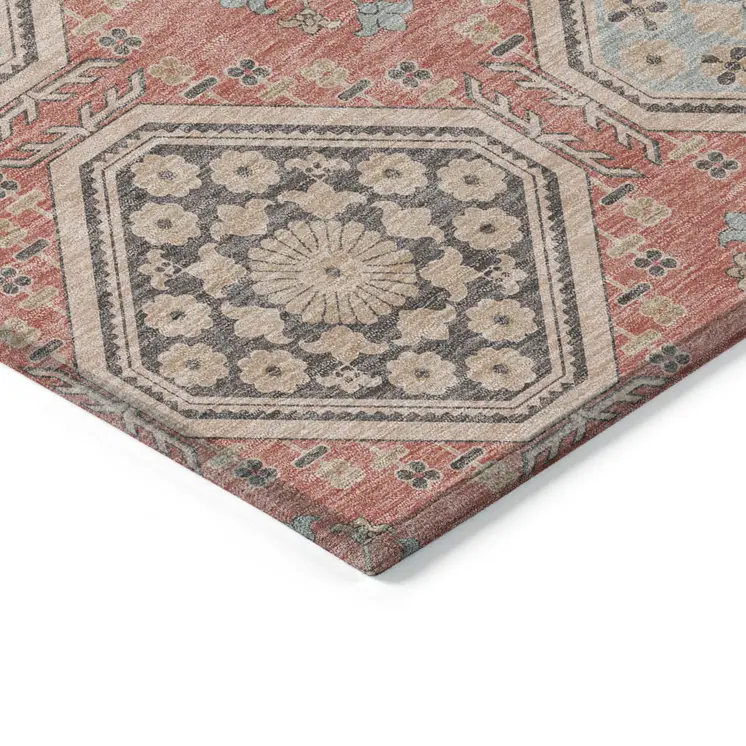 5' X 8' Salmon And Beige Floral Washable Indoor Outdoor Area Rug