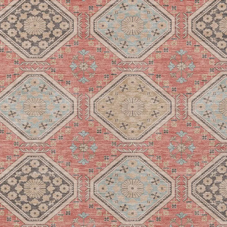 5' X 8' Salmon And Beige Floral Washable Indoor Outdoor Area Rug