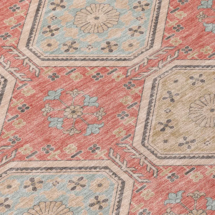 5' X 8' Salmon And Beige Floral Washable Indoor Outdoor Area Rug