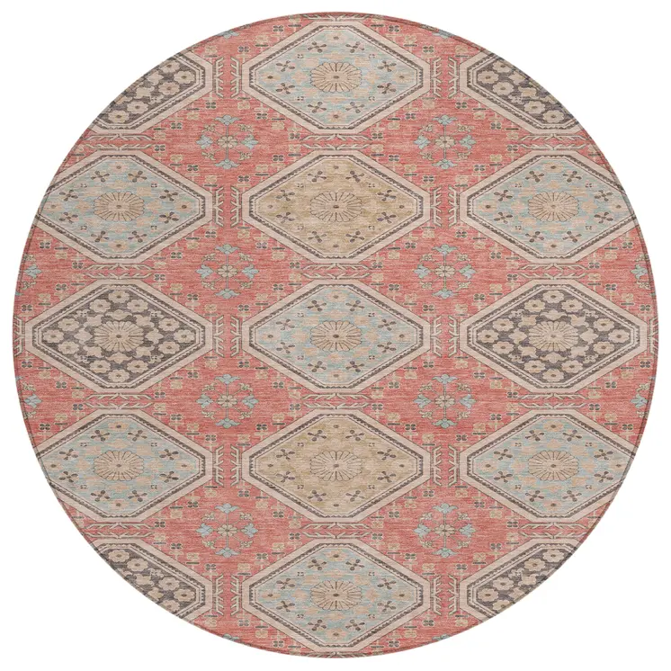 8' Salmon And Beige Round Floral Washable Indoor Outdoor Area Rug