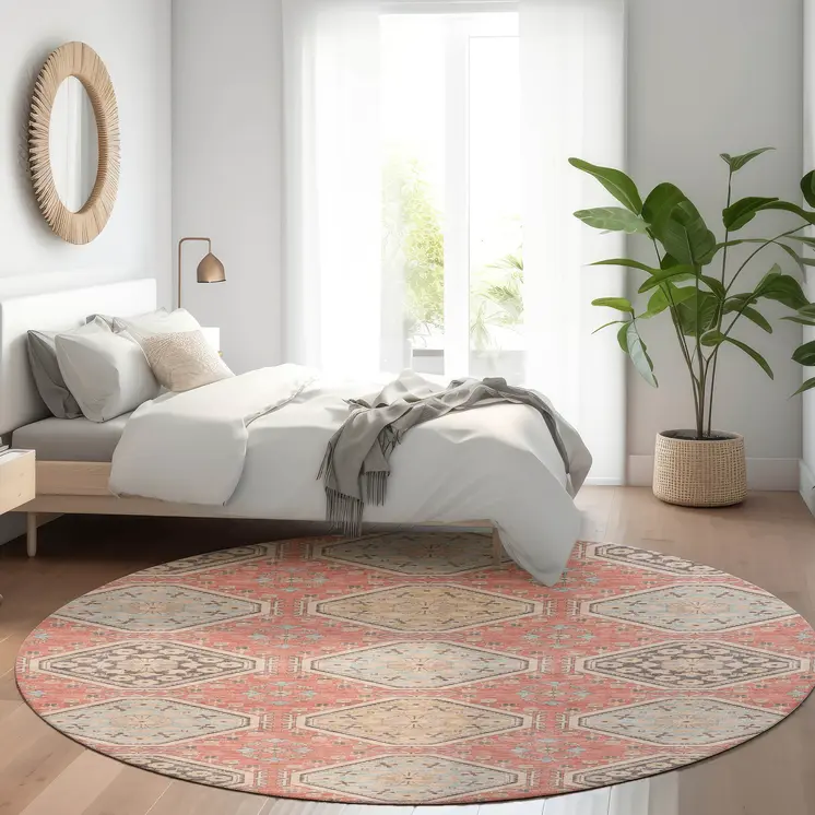 8' Salmon And Beige Round Floral Washable Indoor Outdoor Area Rug