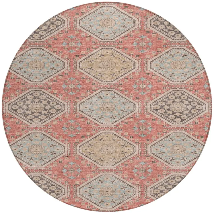 8' Salmon And Beige Round Floral Washable Indoor Outdoor Area Rug