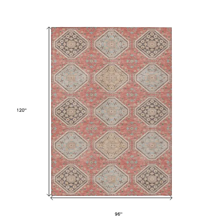 8' X 10' Salmon And Beige Floral Washable Indoor Outdoor Area Rug
