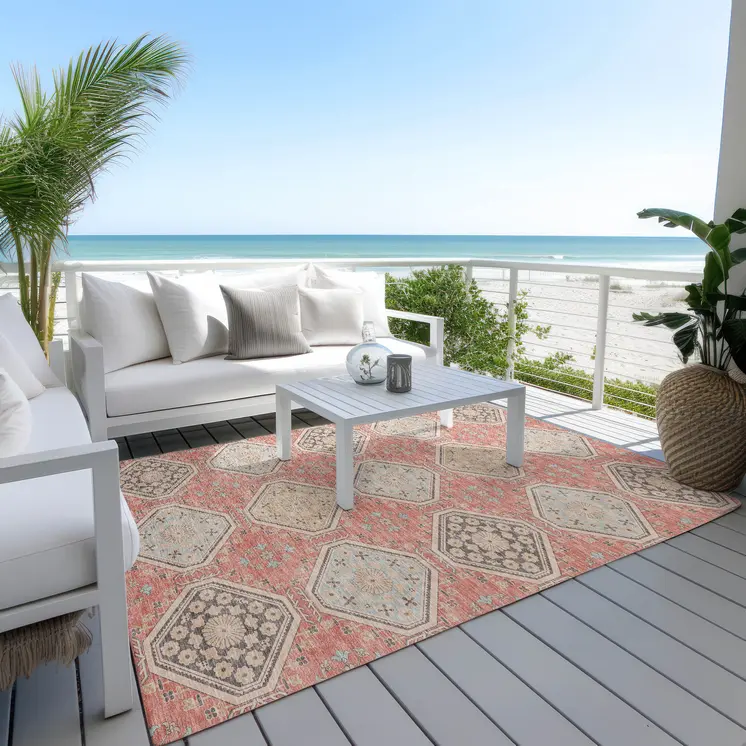 8' X 10' Salmon And Beige Floral Washable Indoor Outdoor Area Rug