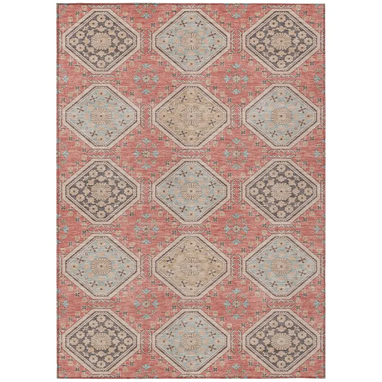 8' X 10' Salmon And Beige Floral Washable Indoor Outdoor Area Rug