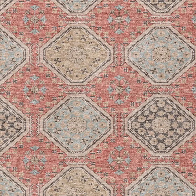 8' X 10' Salmon And Beige Floral Washable Indoor Outdoor Area Rug