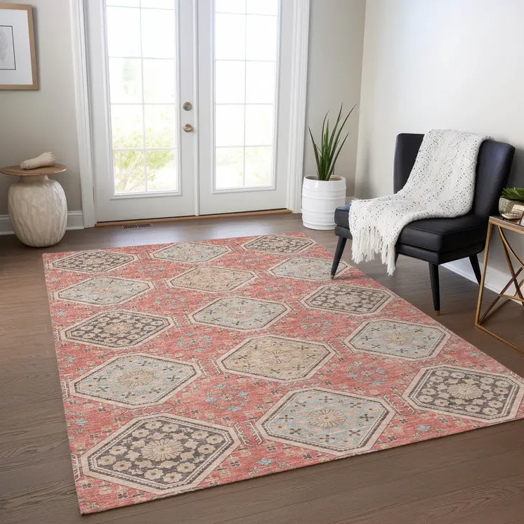 8' X 10' Salmon And Beige Floral Washable Indoor Outdoor Area Rug