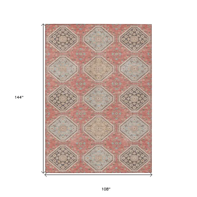 9' X 12' Salmon And Beige Floral Washable Indoor Outdoor Area Rug