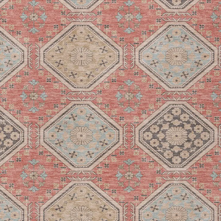 9' X 12' Salmon And Beige Floral Washable Indoor Outdoor Area Rug