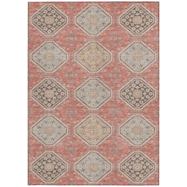 10' X 14' Salmon And Beige Floral Washable Indoor Outdoor Area Rug