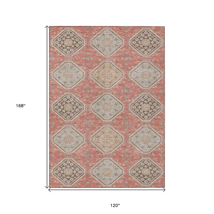 10' X 14' Salmon And Beige Floral Washable Indoor Outdoor Area Rug