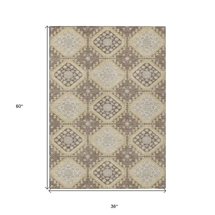 3' X 5' Taupe And Beige Floral Washable Indoor Outdoor Area Rug