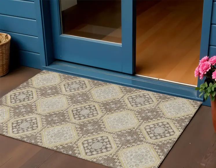 3' X 5' Taupe And Beige Floral Washable Indoor Outdoor Area Rug
