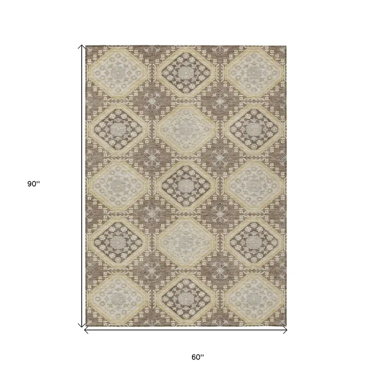 5' X 8' Taupe And Beige Floral Washable Indoor Outdoor Area Rug