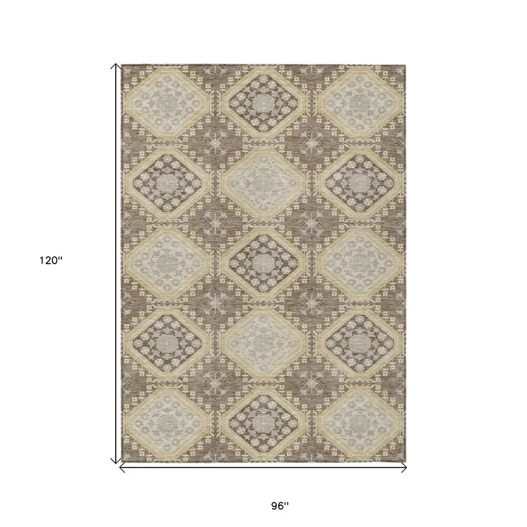 8' X 10' Taupe And Beige Floral Washable Indoor Outdoor Area Rug