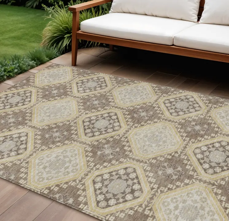 8' X 10' Taupe And Beige Floral Washable Indoor Outdoor Area Rug