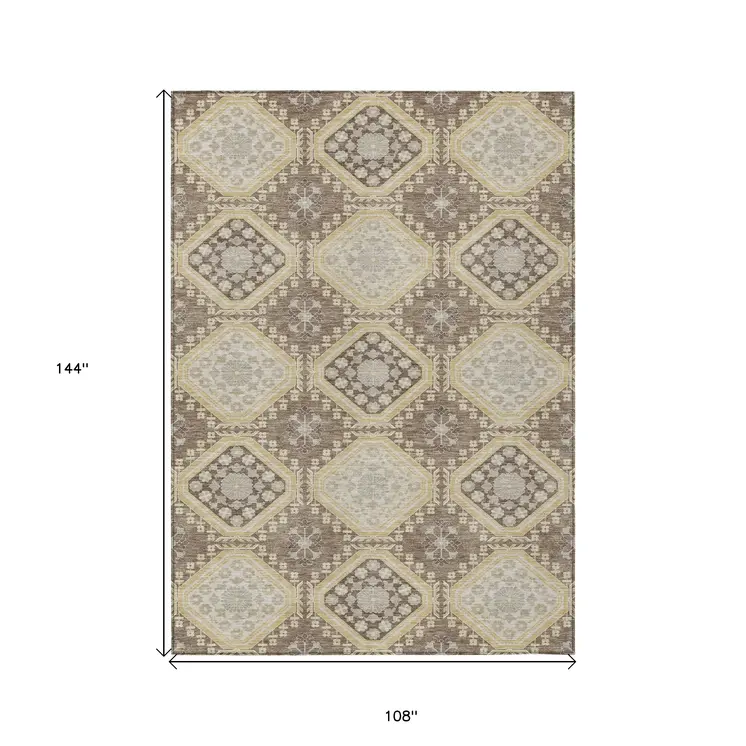 9' X 12' Taupe And Beige Floral Washable Indoor Outdoor Area Rug