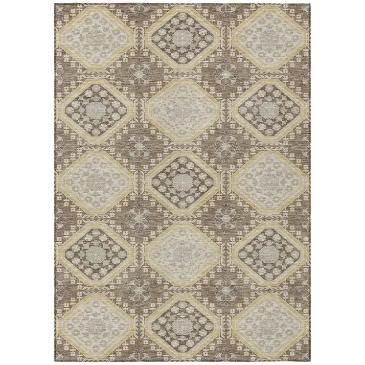 9' X 12' Taupe And Beige Floral Washable Indoor Outdoor Area Rug