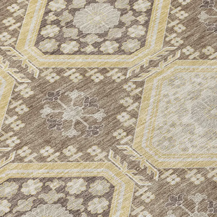 9' X 12' Taupe And Beige Floral Washable Indoor Outdoor Area Rug