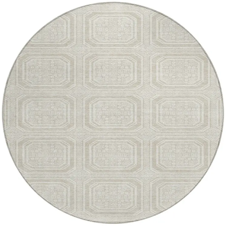 8' Beige And Ivory Round Geometric Washable Indoor Outdoor Area Rug