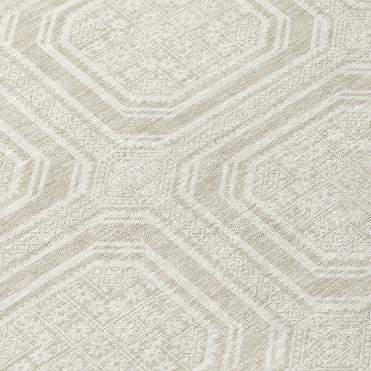 8' Beige And Ivory Round Geometric Washable Indoor Outdoor Area Rug
