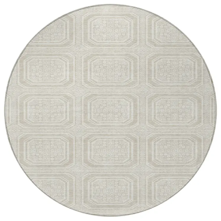8' Beige And Ivory Round Geometric Washable Indoor Outdoor Area Rug