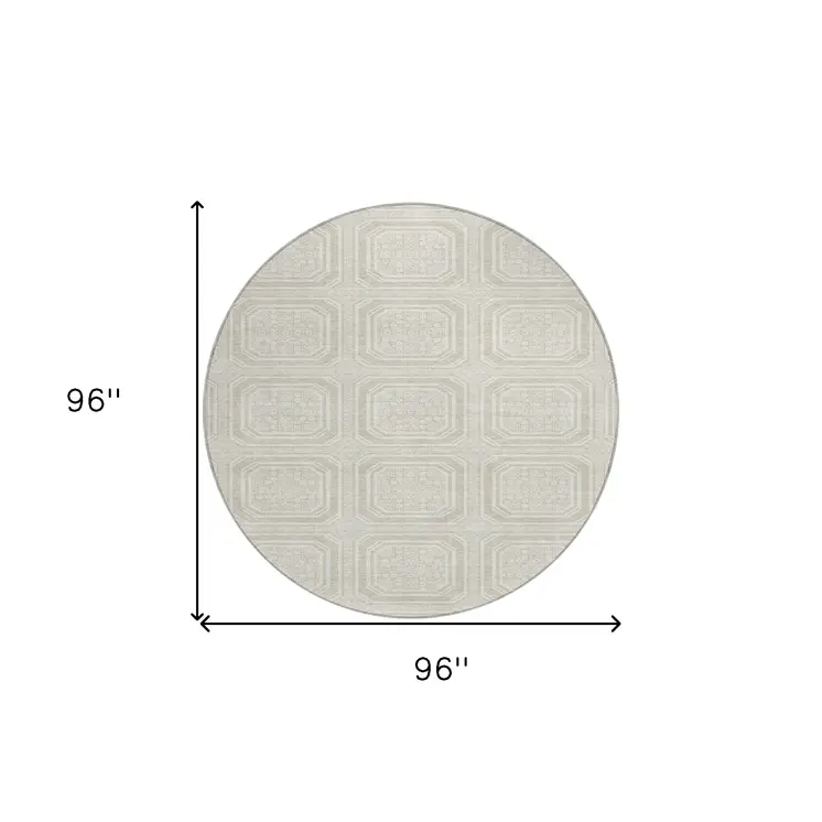 8' Beige And Ivory Round Geometric Washable Indoor Outdoor Area Rug