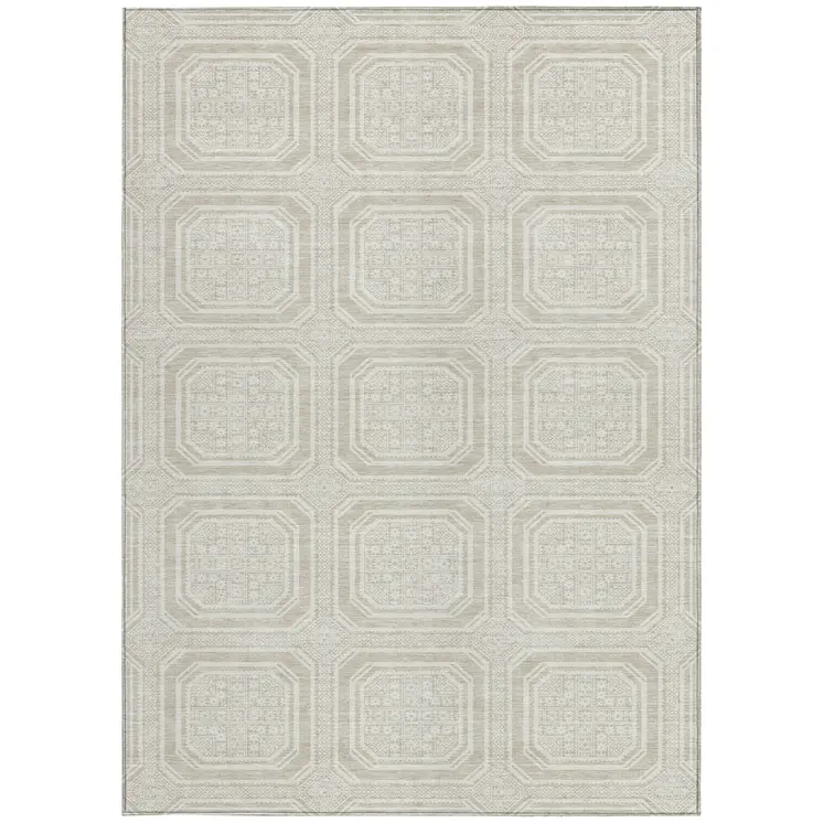 8' X 10' Beige And Ivory Geometric Washable Indoor Outdoor Area Rug