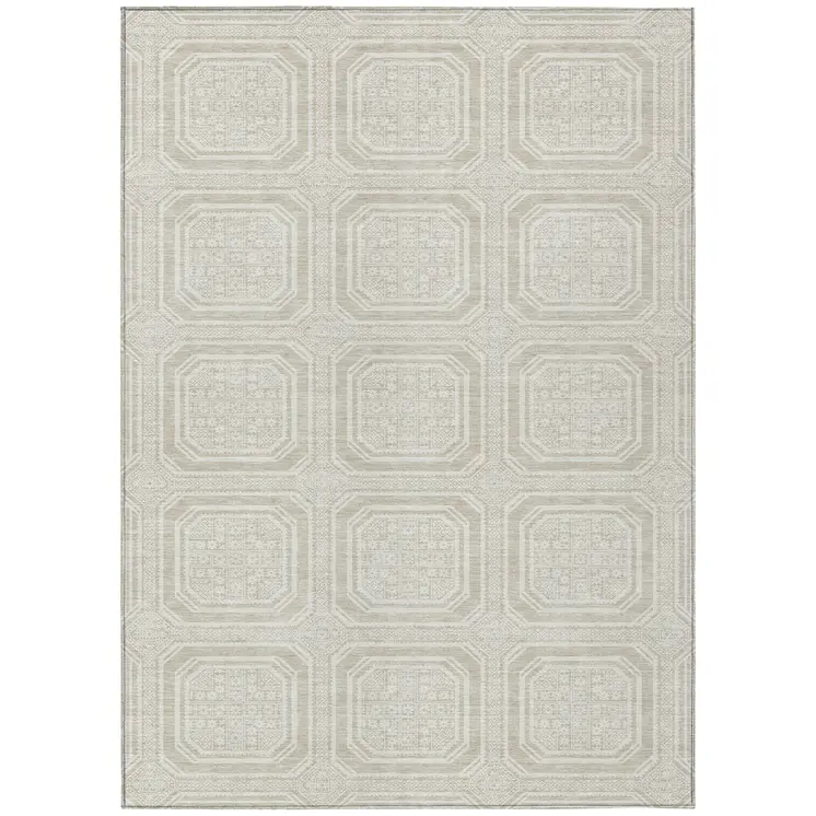 8' X 10' Beige And Ivory Geometric Washable Indoor Outdoor Area Rug